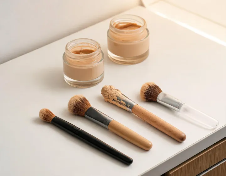 liquid foundation brush on a cosmetics bench, illustration only